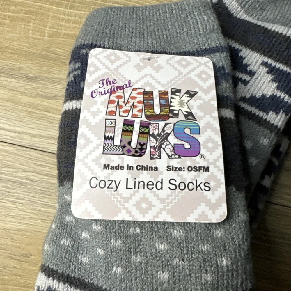 MUK LUKS Cozy Lined Socks‎ Gray Fair Isle One Size Fits Most Lounge Comfy